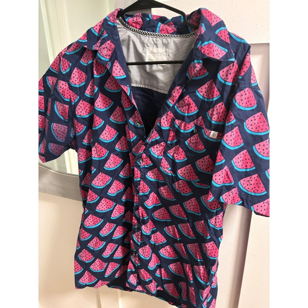 Sovereign Code Mens Large Watermelon Print Short Sleeve Button Down Shirt Navy